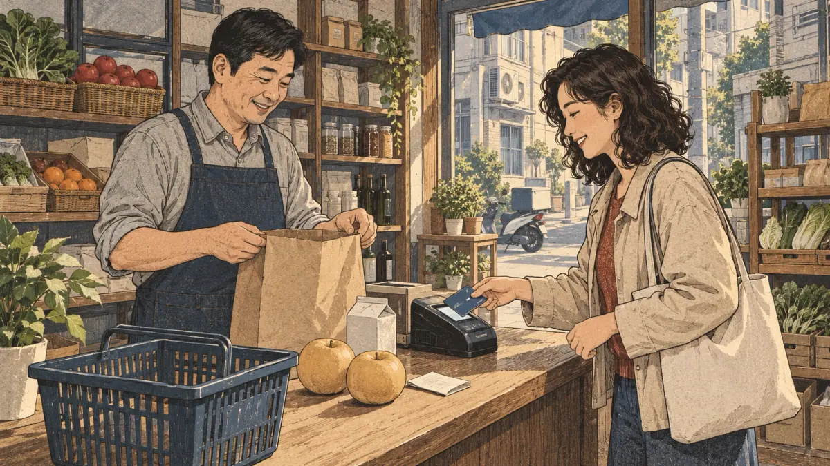 A shopper pays by card at a neighborhood Korean shop while the cashier prepares a bag.