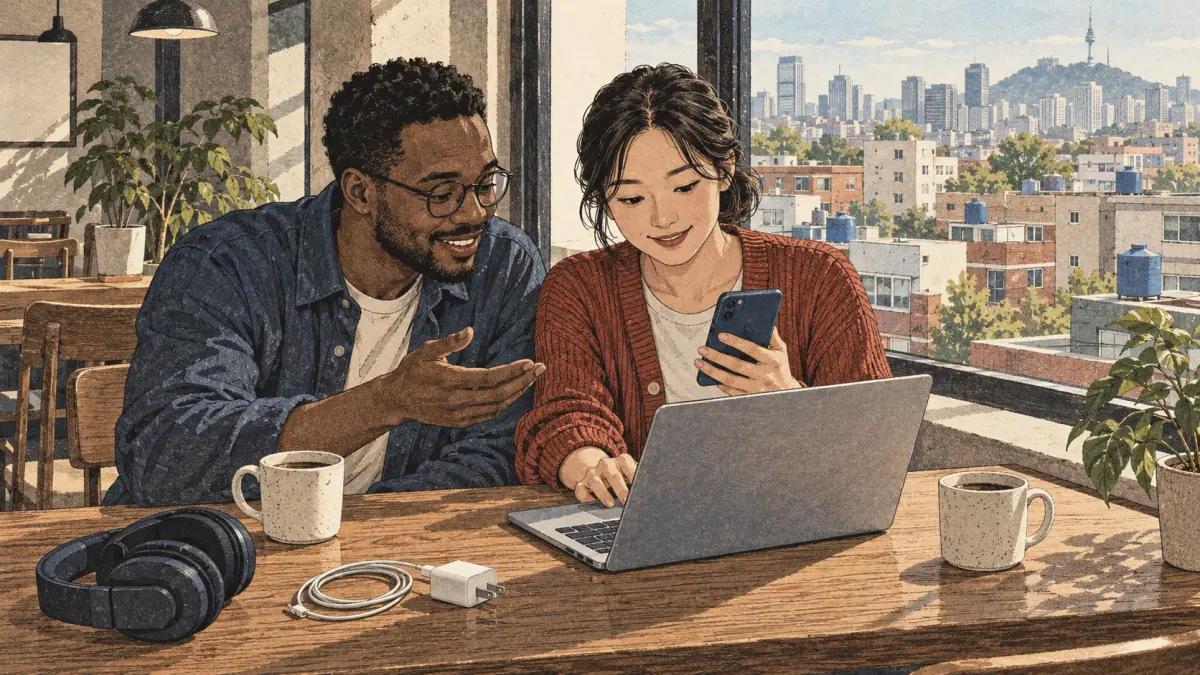Two adults use a smartphone and laptop at a window table in a Seoul café.