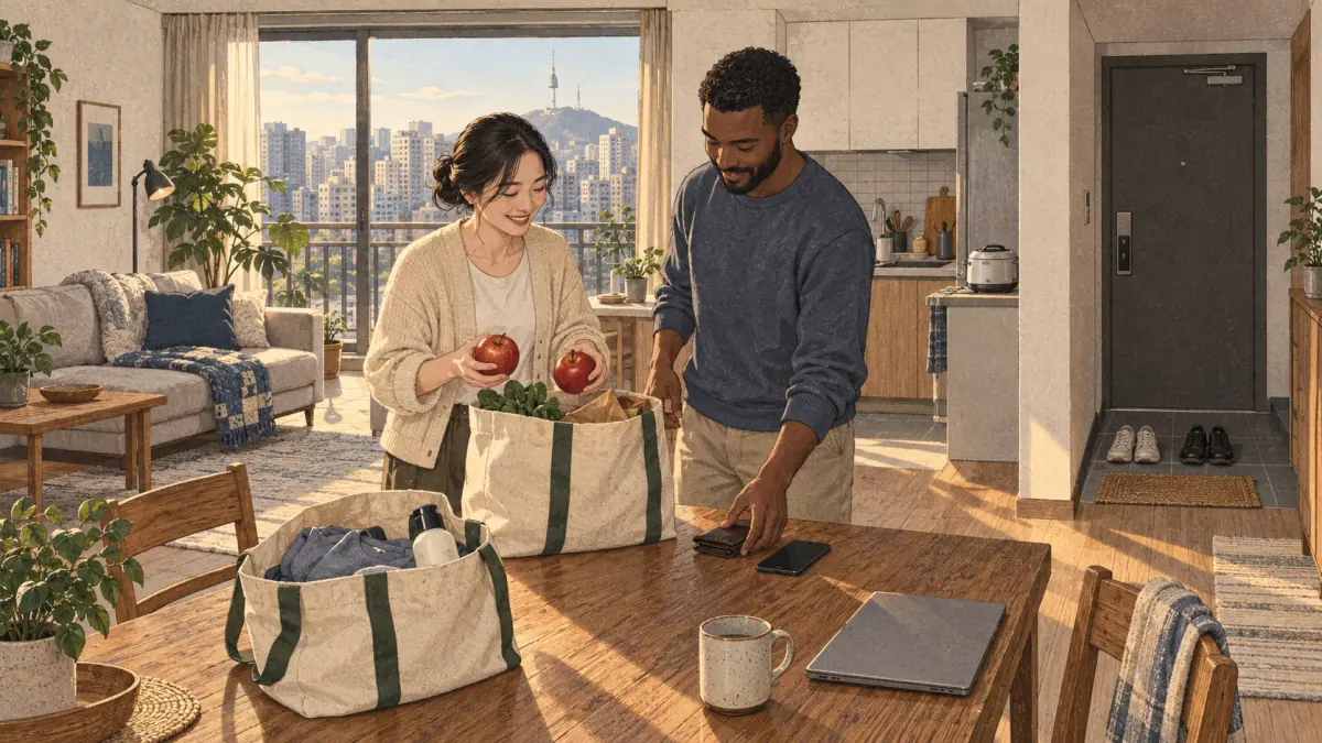 Two adults unpack everyday purchases in a Seoul apartment, with clothes, a phone and household objects nearby.