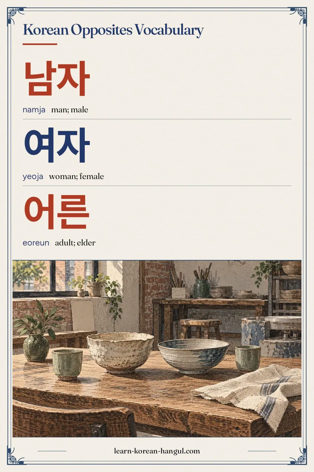 남자 · namja · man; male · Korean Opposites Vocabulary