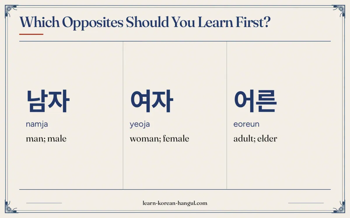 남자 · namja · man; male · Which opposites should you learn first?