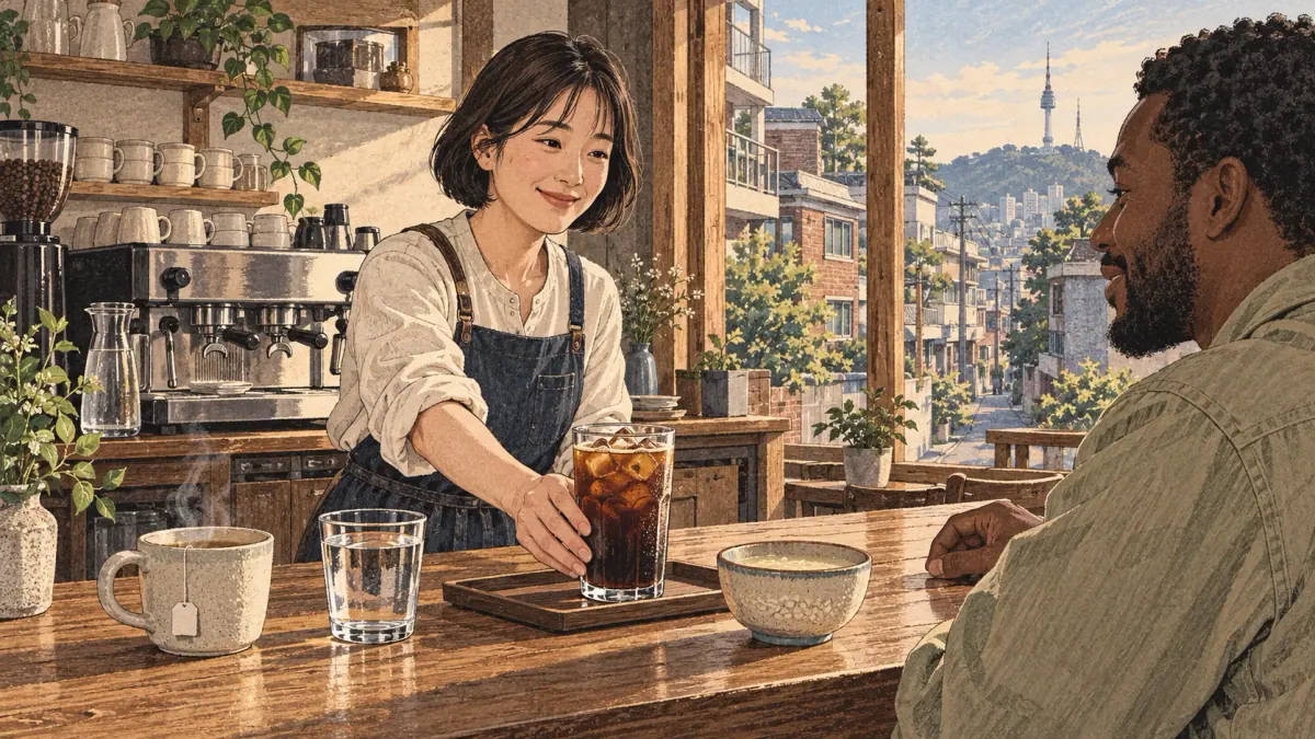 A Seoul café worker serves iced coffee beside tea, water and a sweet rice drink.
