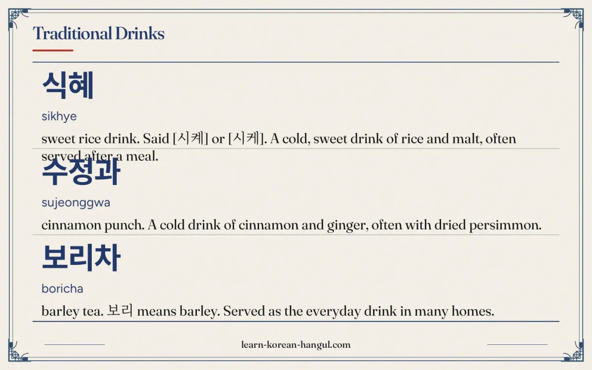 식혜 · sikhye · sweet rice drink. Said [시켸] or [시케]. A cold, sweet drink of rice and malt, often served after a meal. · Traditional drinks