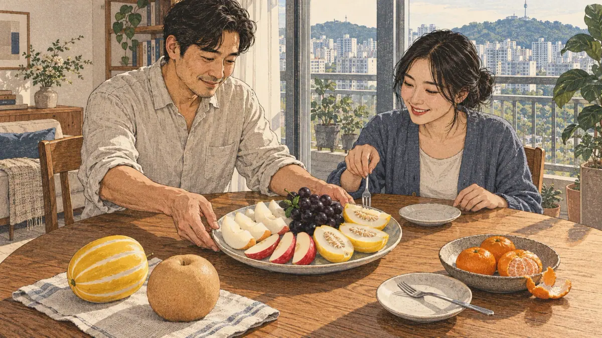 Dos adultos comparten un plato de frutas con melón coreano, pera, manzana y uvas en un apartamento de Seúl.