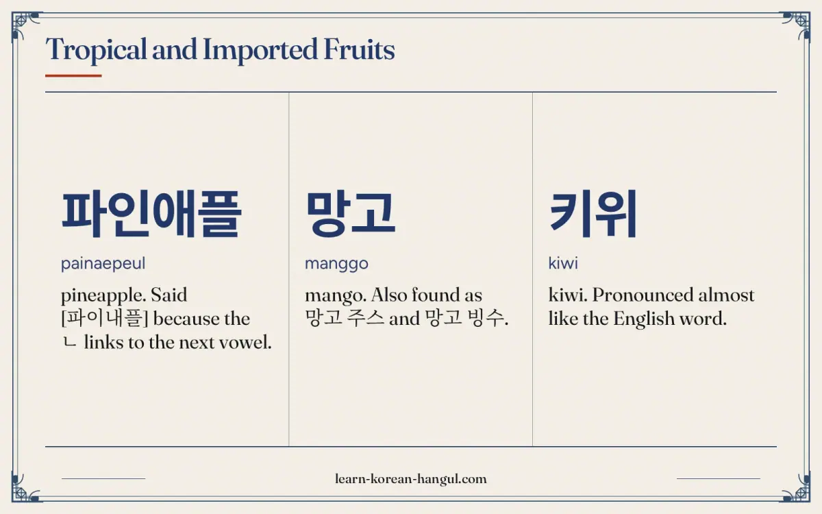파인애플 · painaepeul · pineapple. Said [파이내플] because the ㄴ links to the next vowel. · Tropical and imported fruits