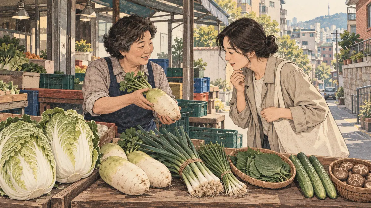A shopper chooses Korean radish and leafy vegetables at a Seoul produce stall.