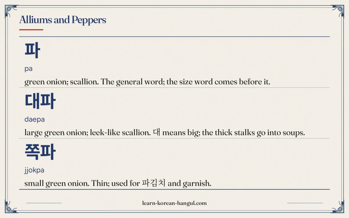 파 · pa · green onion; scallion. The general word; the size word comes before it. · Alliums and peppers