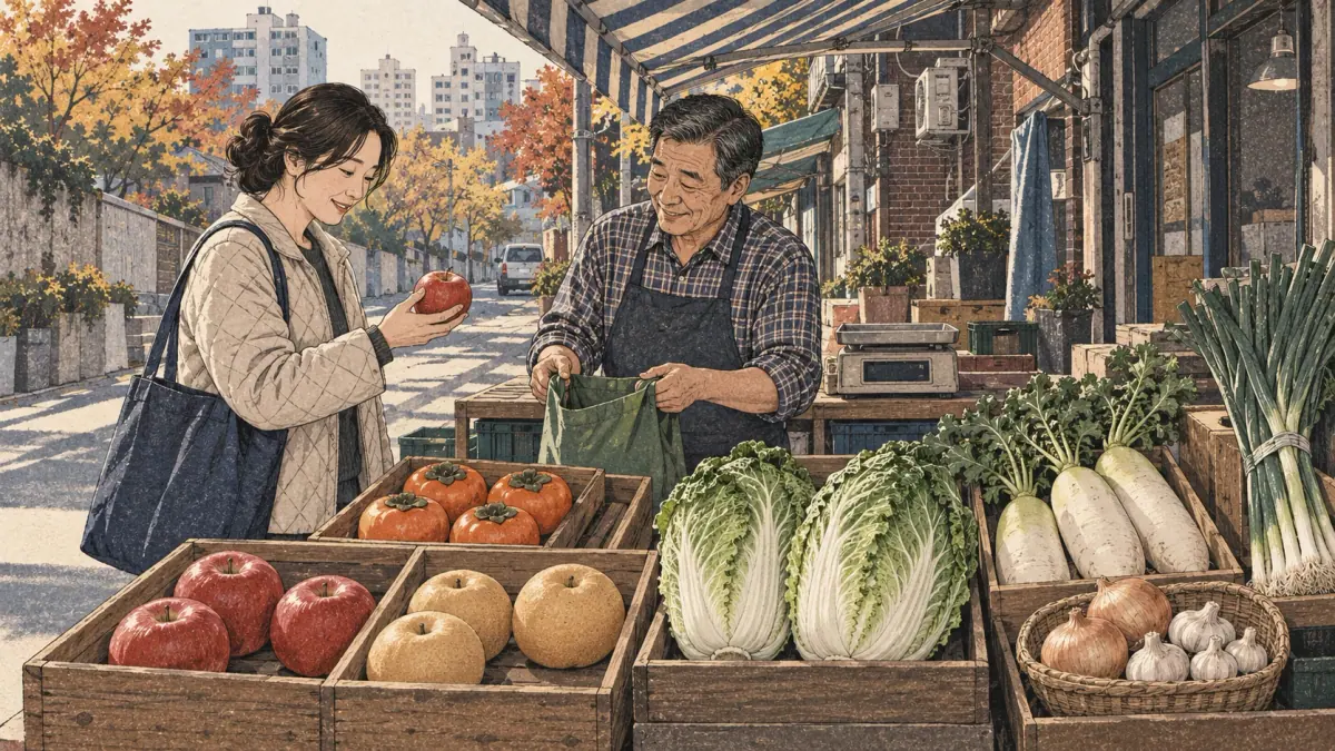 Una compradora elige manzanas en un puesto de Seúl con frutas y verduras coreanas.
