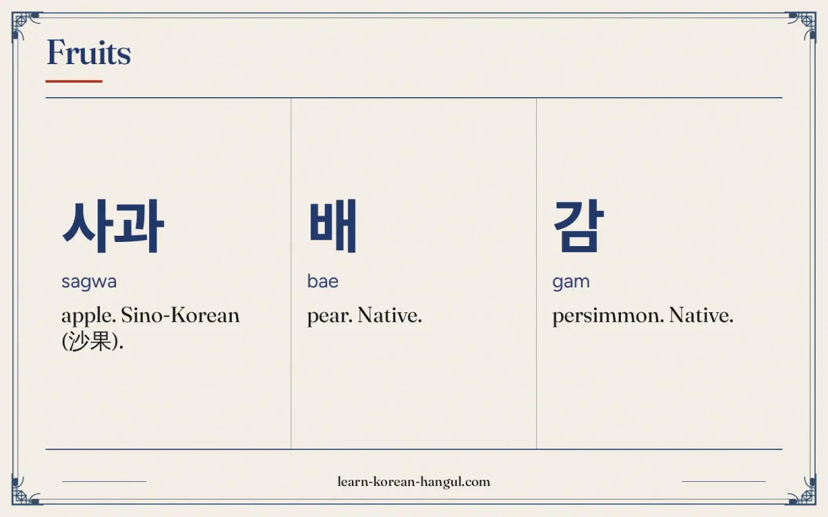 사과 · sagwa · apple. Sino-Korean (沙果). · Fruits