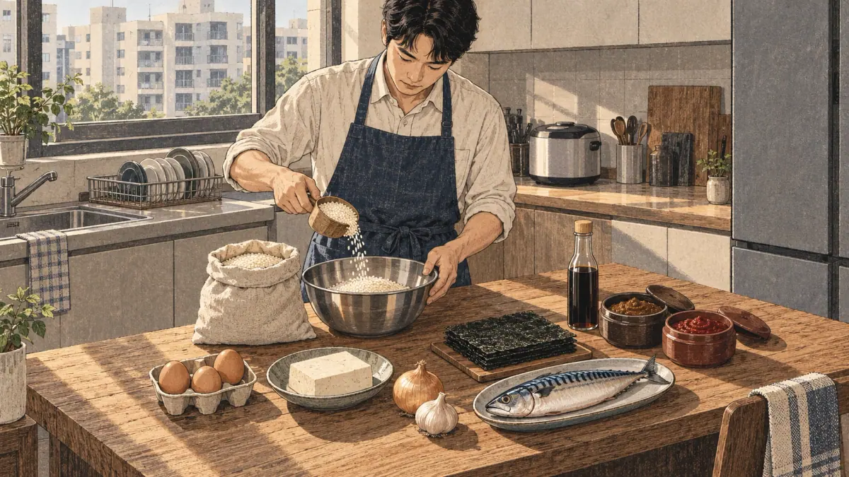 A cook arranges rice, eggs, tofu, fish and Korean pantry sauces in a Seoul apartment kitchen.
