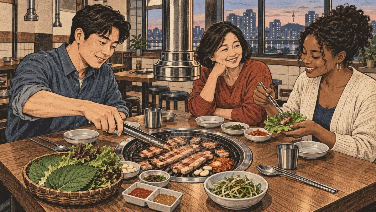 Friends grill pork belly and prepare lettuce wraps at a Korean barbecue restaurant.
