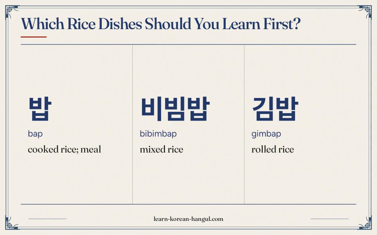 밥 · bap · cooked rice; meal · Which rice dishes should you learn first?