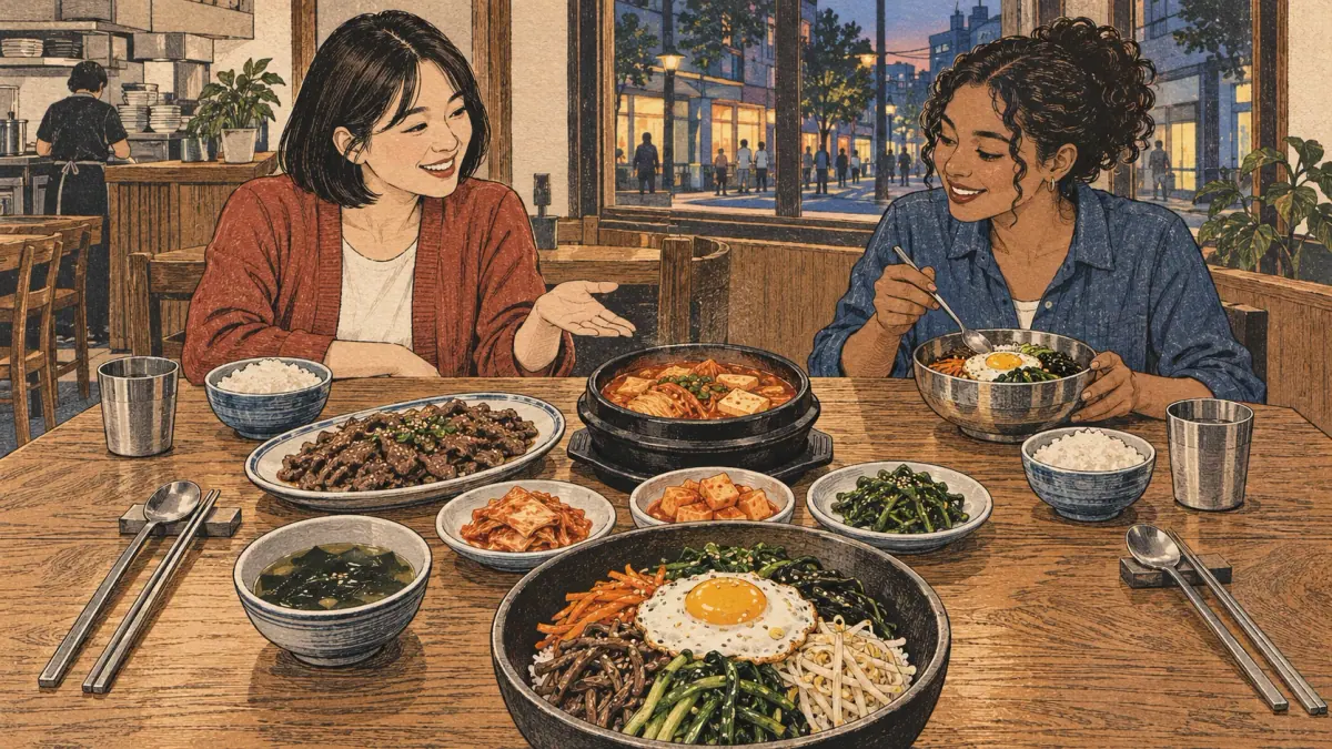 Dos amigas comparten bibimbap, guiso de kimchi, bulgogi y acompañamientos en un restaurante de Seúl.