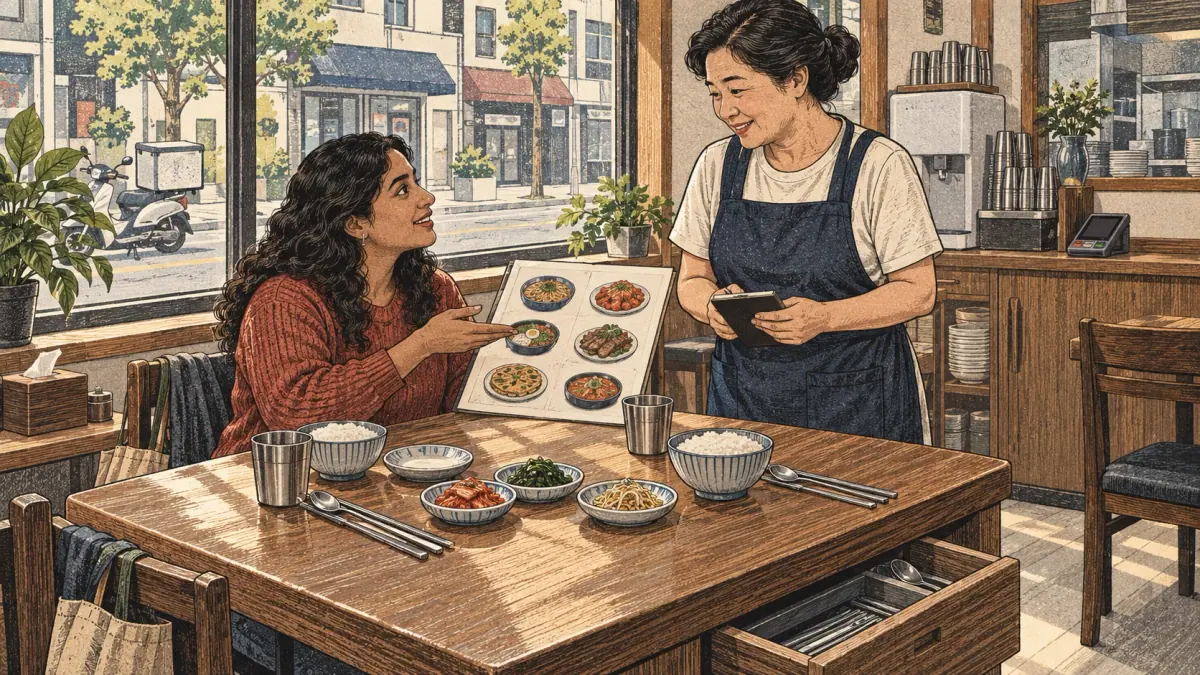 A diner orders lunch from a staff member at a neighborhood Korean restaurant.