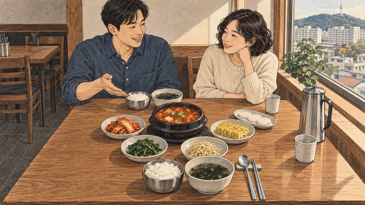 Friends share a Korean meal with rice, soup, stew, kimchi and small side dishes.