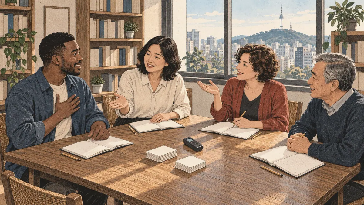 Adult Korean learners practise introductions and questions with a teacher in a Seoul classroom.