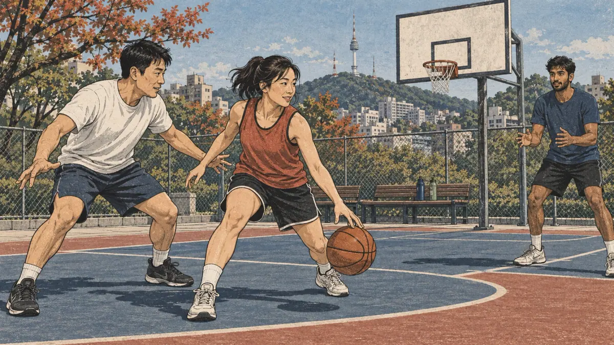 Adults playing basketball on a neighborhood court in Seoul.