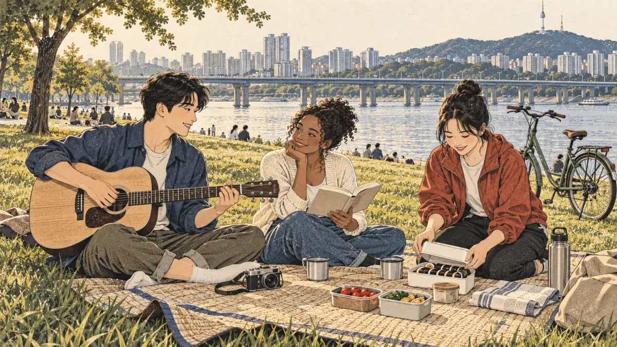 Friends playing guitar and reading during a picnic beside the Han River in Seoul.
