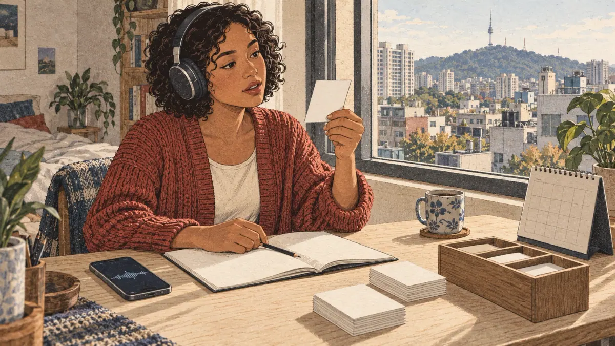 A learner reviewing paper flashcards with headphones at a desk in a Seoul apartment.