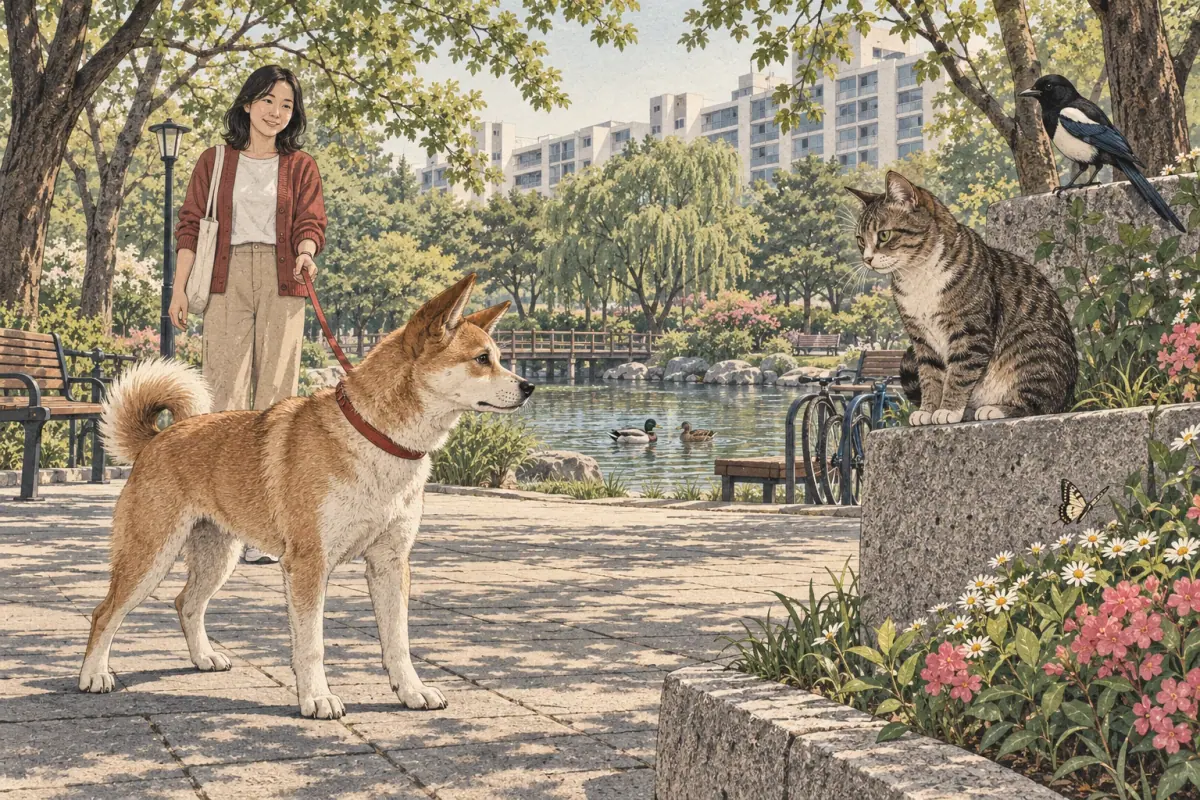 A dog walker watches a cat and magpie beside a duck pond in a Korean neighborhood park.
