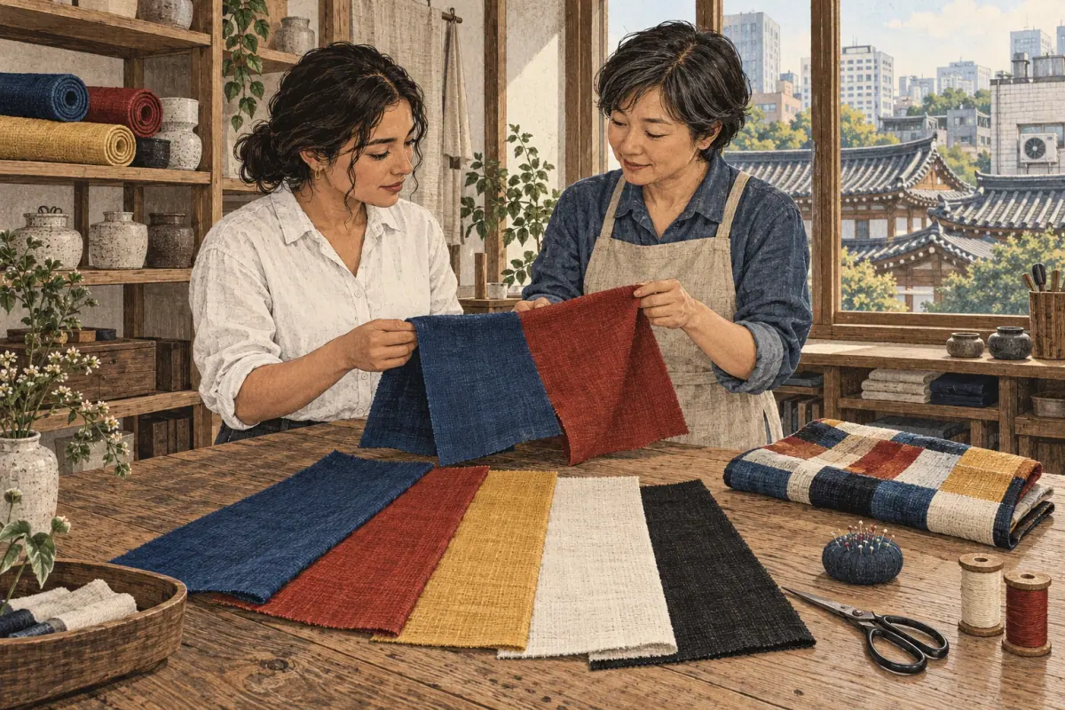 Two adults compare colored fabric swatches in a sunlit Seoul craft workshop.