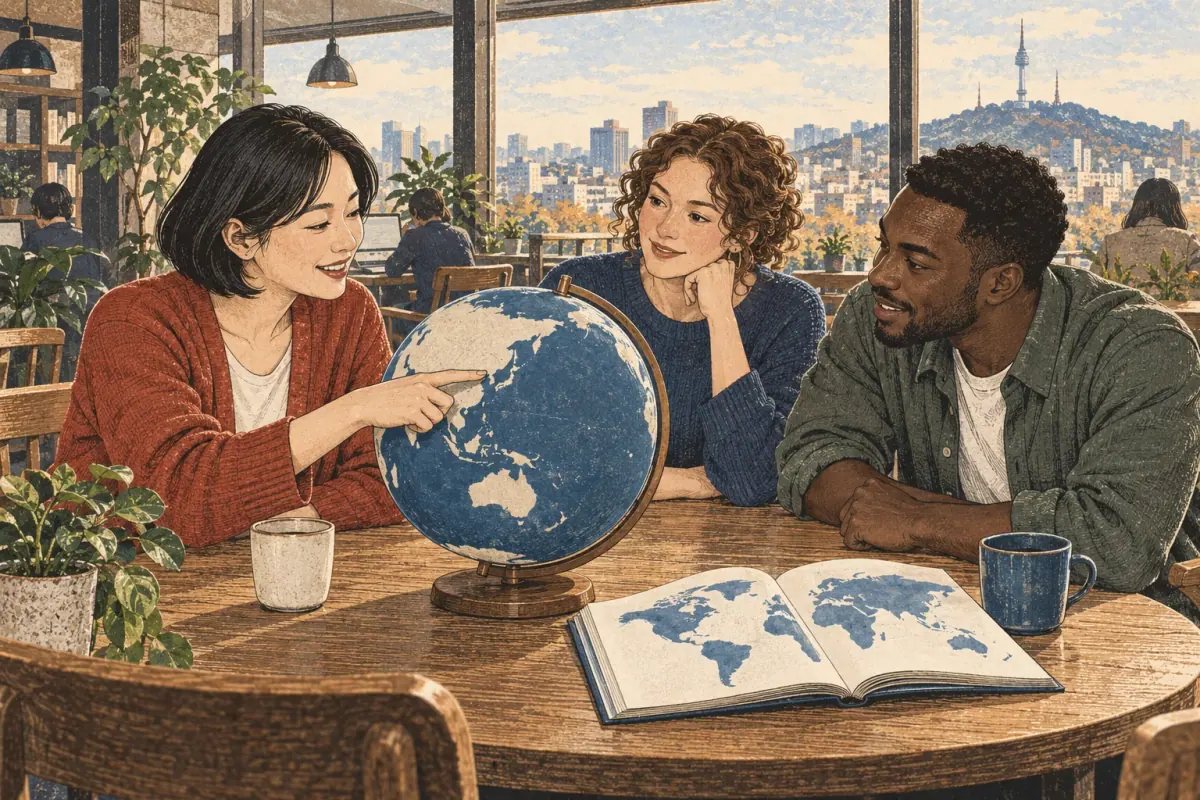 Three adult learners explore country locations on a globe in a Seoul study café.