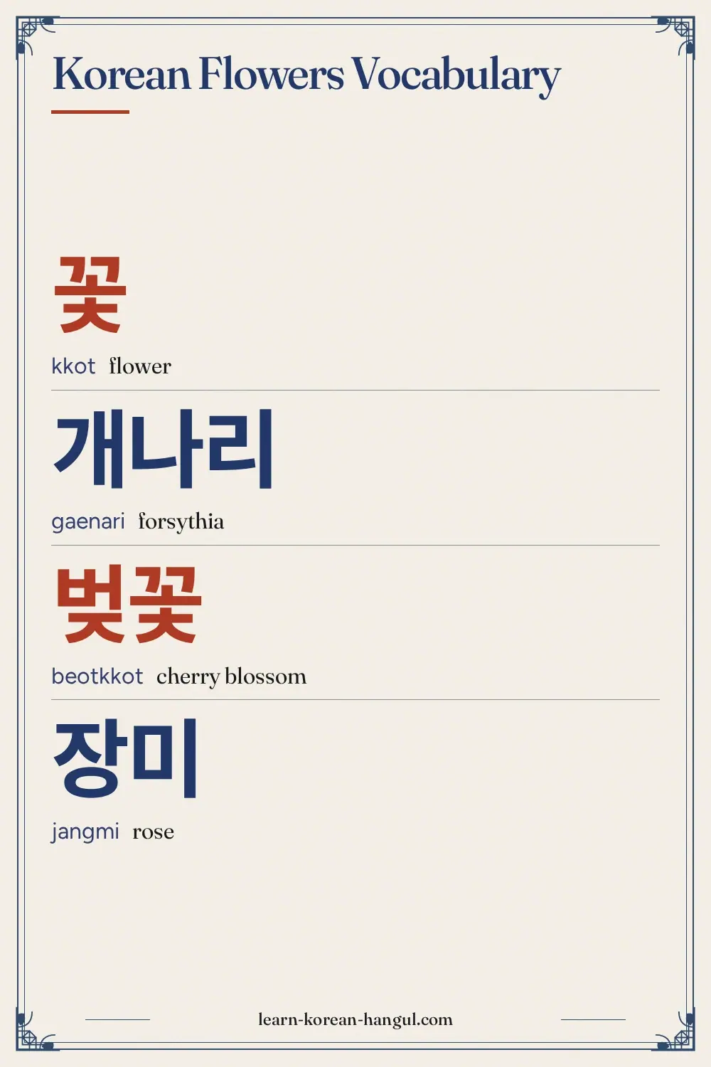 꽃 · kkot · flower · Korean Flowers Vocabulary