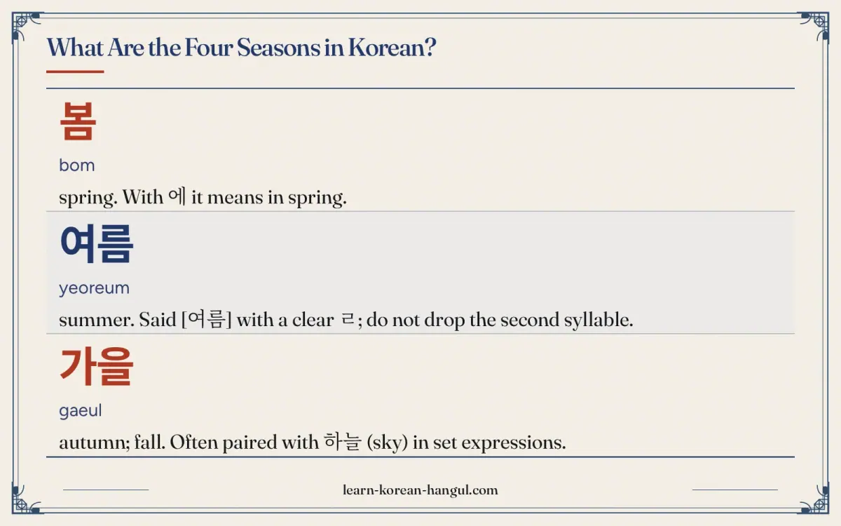 봄 · bom · spring. With 에 it means in spring. · What are the four seasons in Korean?