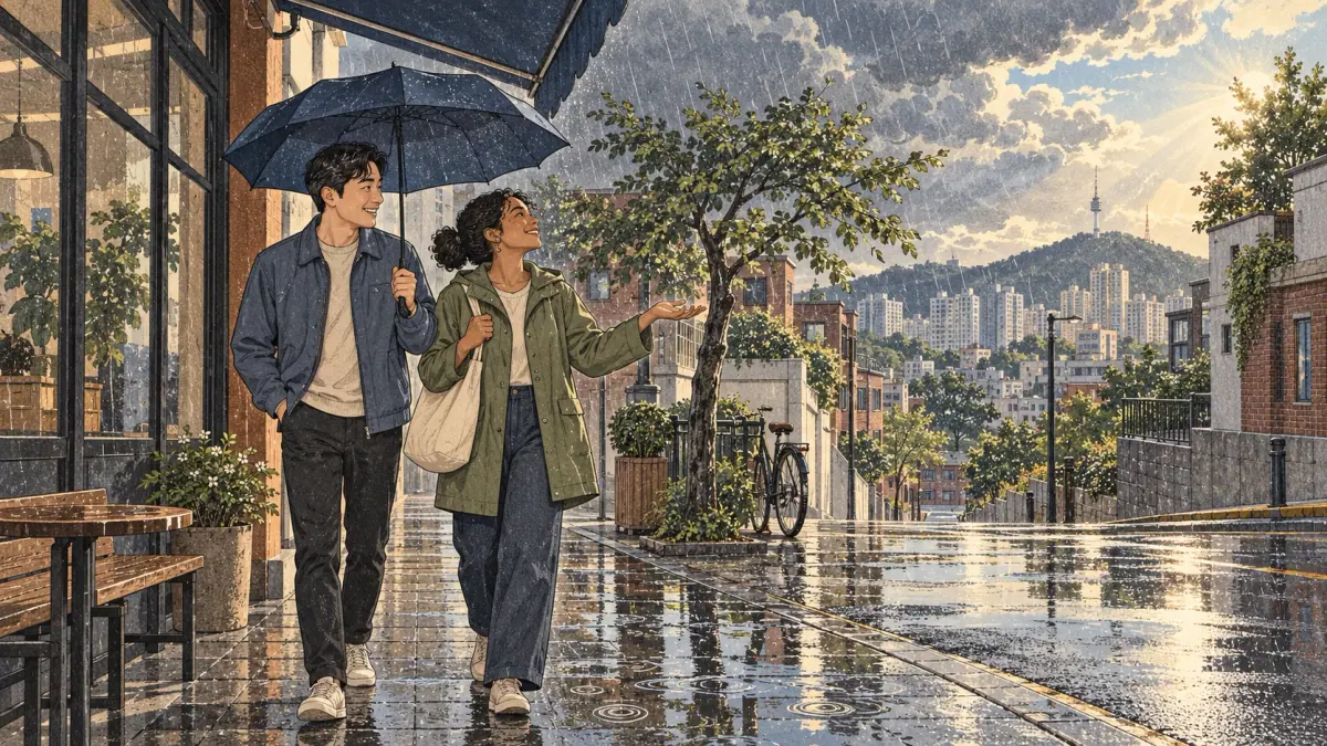 Two adults shelter from a passing rain shower on a windy Seoul street.