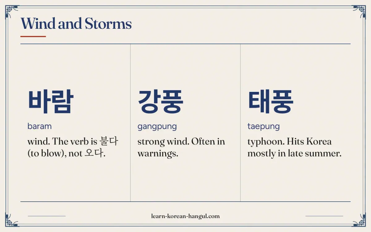 바람 · baram · wind. The verb is 불다 (to blow), not 오다. · Wind and storms