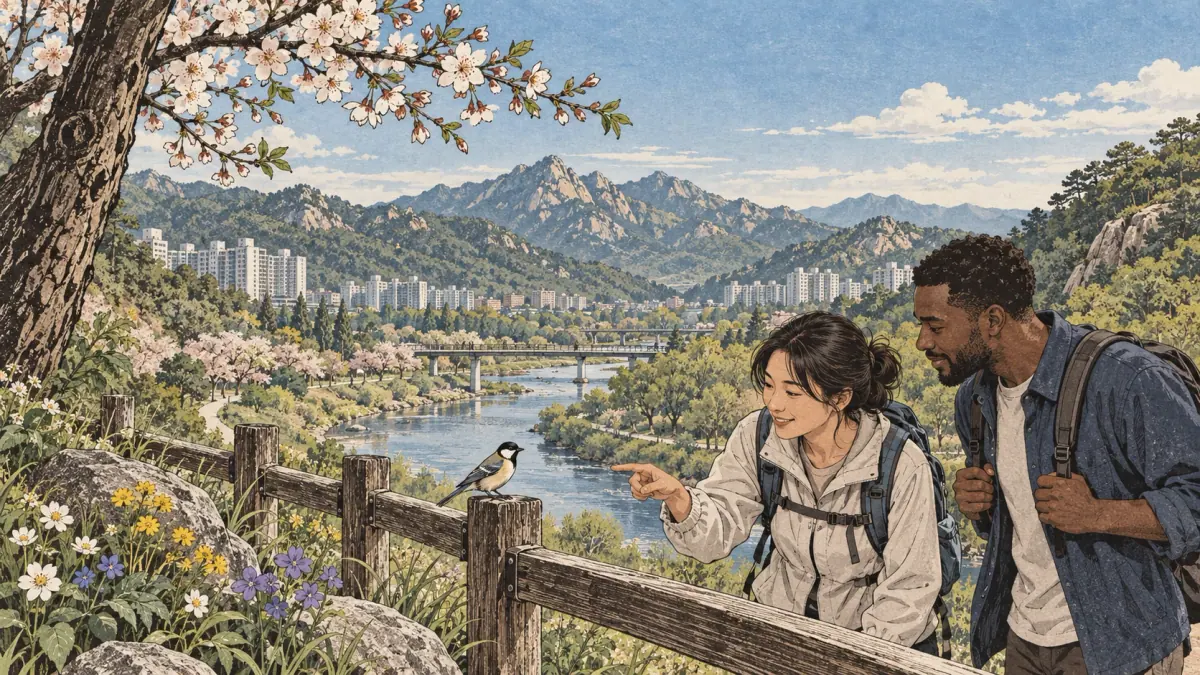 Two walkers discover flowers, a bird and a river beneath Korean mountain ridges.