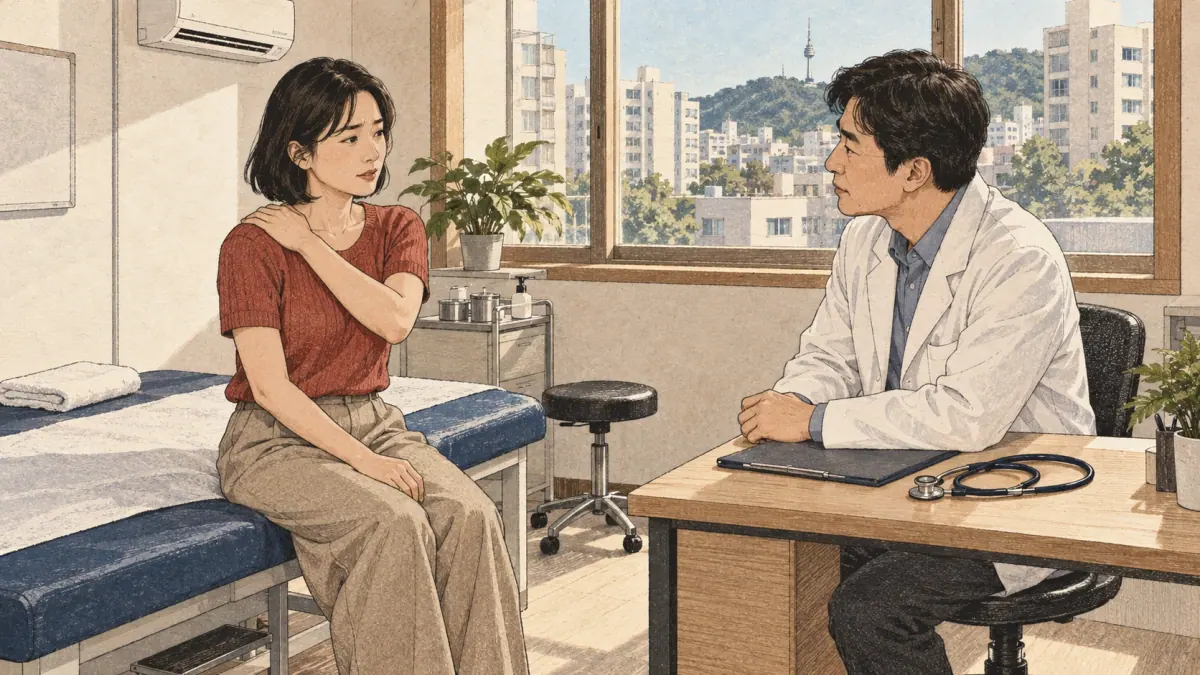 A patient points to her sore shoulder while speaking with a doctor in a Seoul clinic.