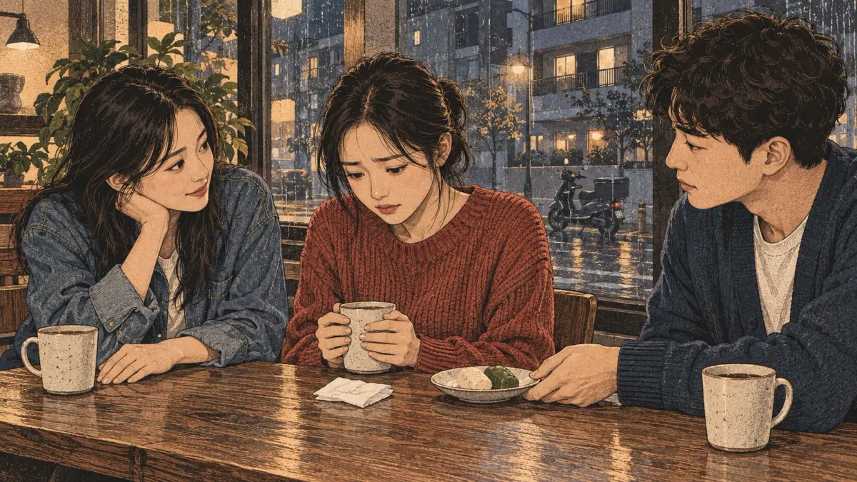 A worried young woman receives quiet support from two friends in a Seoul café.