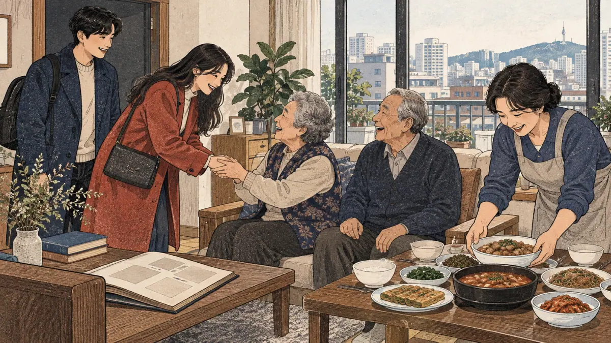 A family welcomes an adult daughter and her partner to a Seoul apartment gathering.