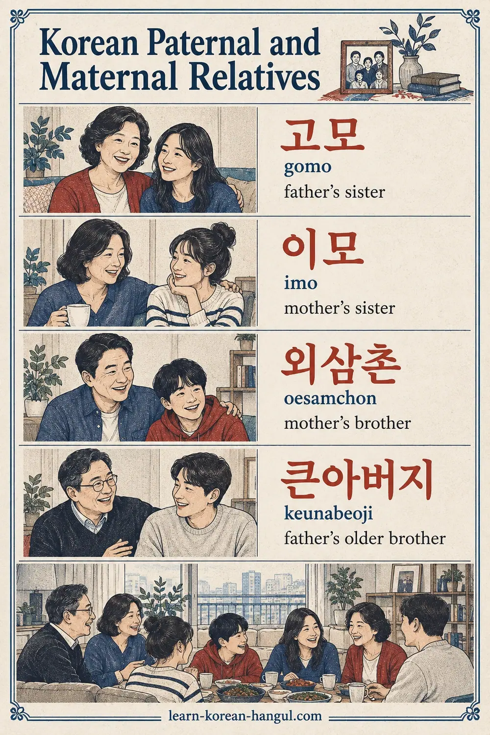 Illustrated lesson: 고모 (gomo), 이모 (imo), 외삼촌 (oesamchon), 큰아버지 (keunabeoji)