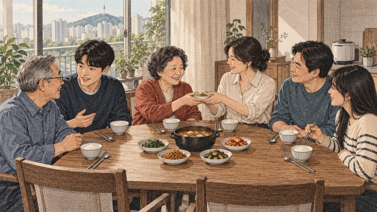 Three generations share a meal in a contemporary Seoul apartment.