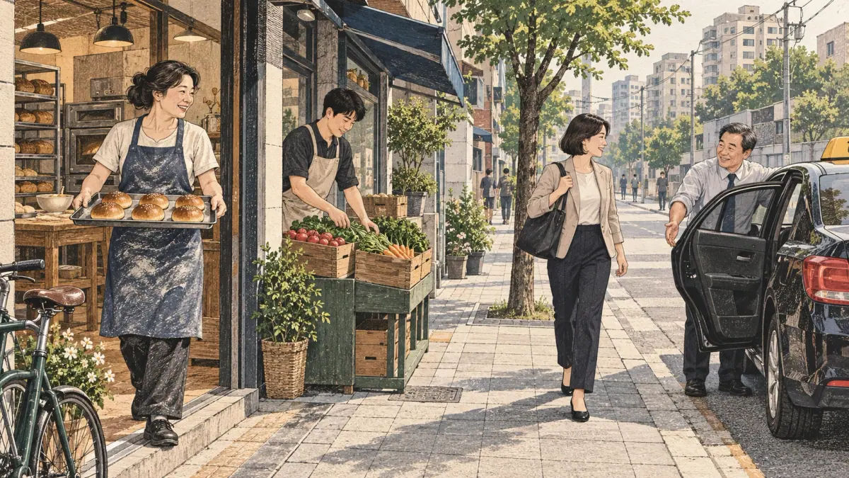A baker, shop clerk, office worker and taxi driver work in a Seoul neighborhood.