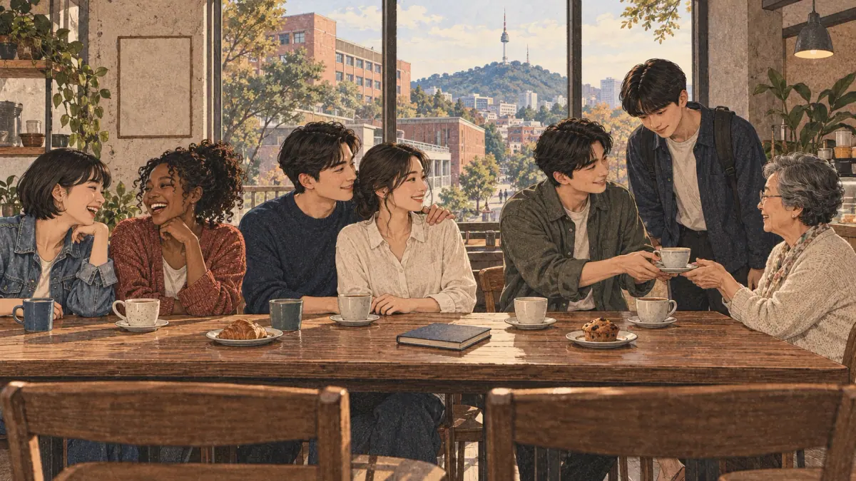Friends, a couple, senior and junior students, and an older woman gather at a Seoul café table.