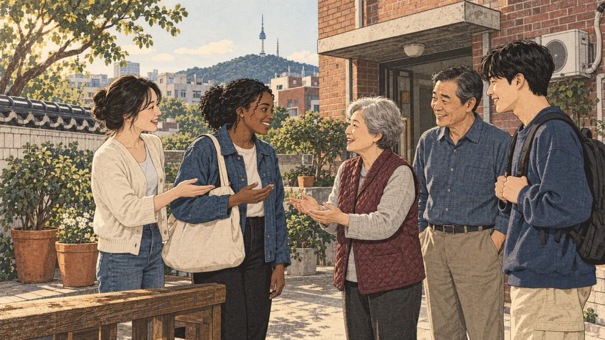 Friends and neighbours greet one another in a Seoul neighbourhood courtyard.