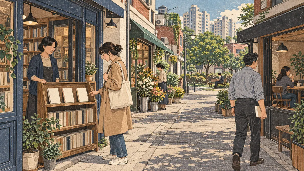 Neighbours browsing a bookstore and walking past a café on a Seoul street.