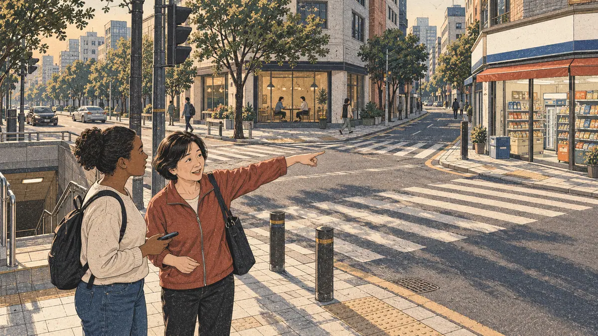 A Korean passer-by gives a visitor directions at a Seoul crossroads beside a subway exit.