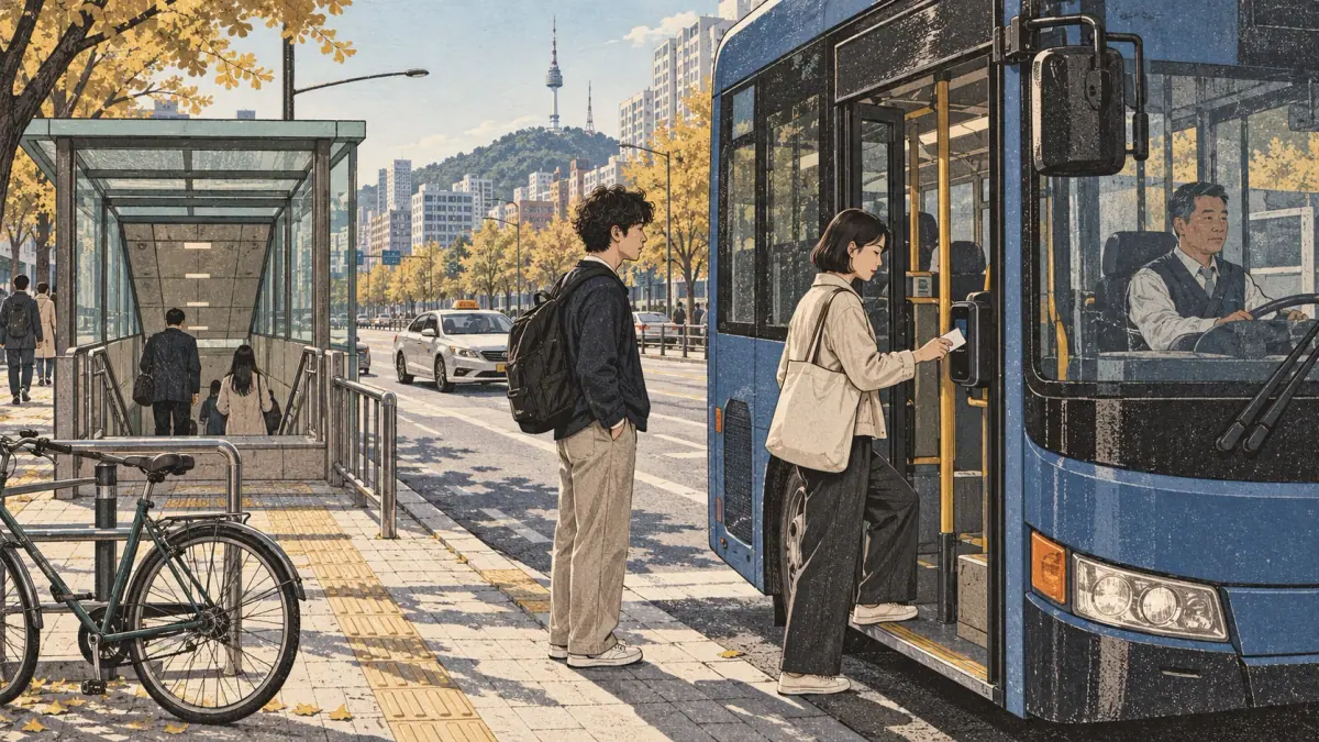 Commuters board a Seoul city bus beside a subway entrance, taxi and bicycle.