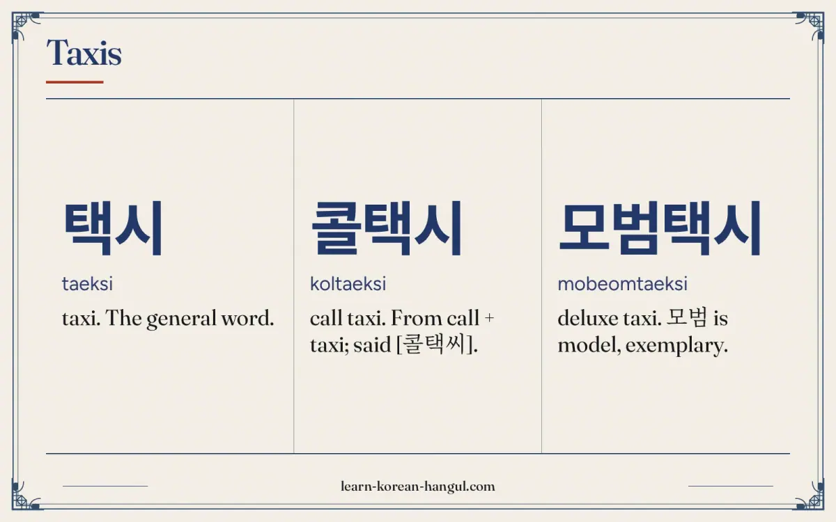 택시 · taeksi · taxi. The general word. · Taxis