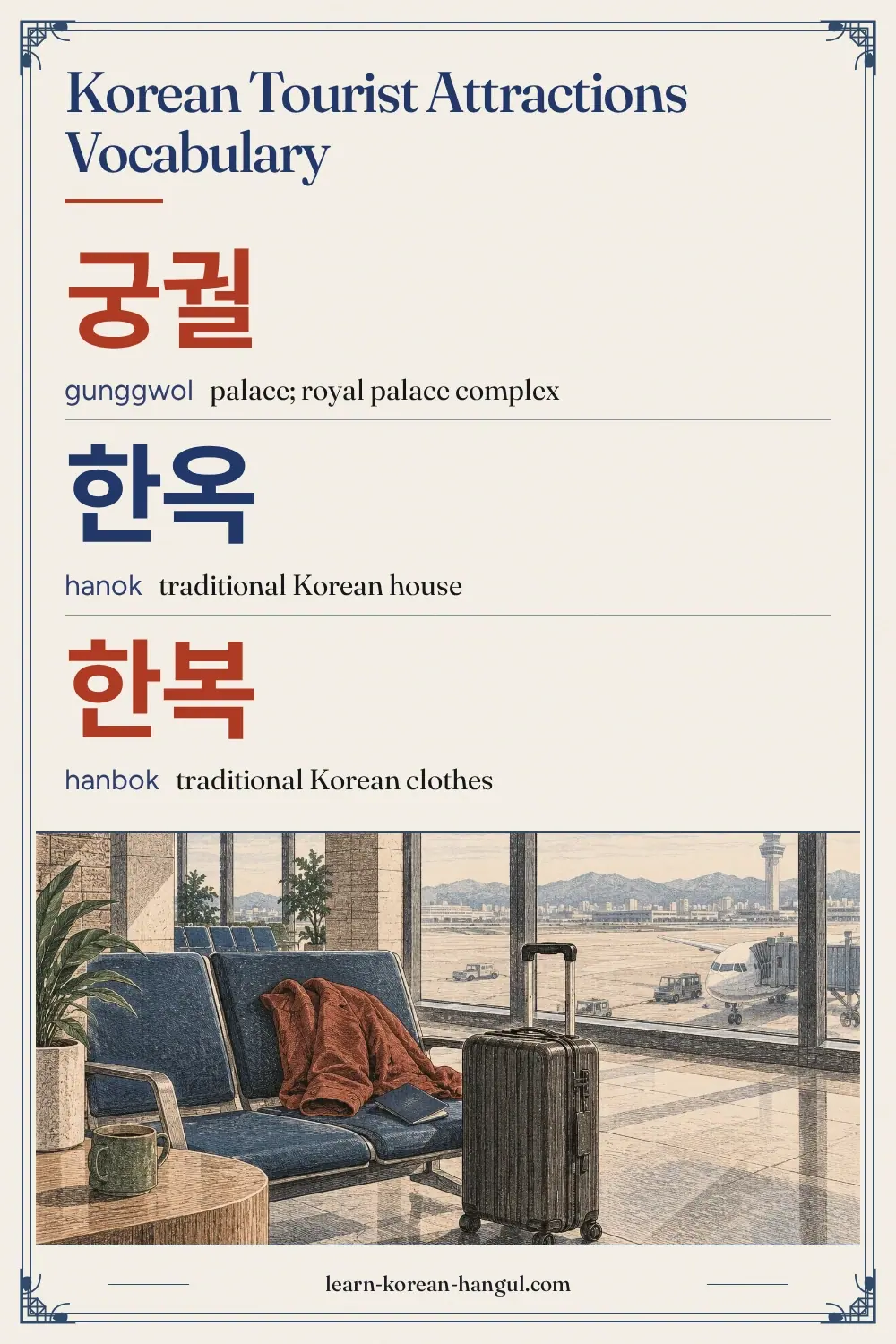 궁궐 · gunggwol · palace; royal palace complex · Korean Tourist Attractions Vocabulary