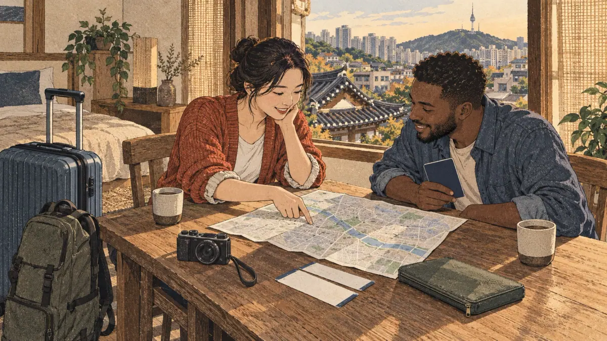 Two travellers plan a Seoul trip with a map, passport, camera and suitcase in a guesthouse.