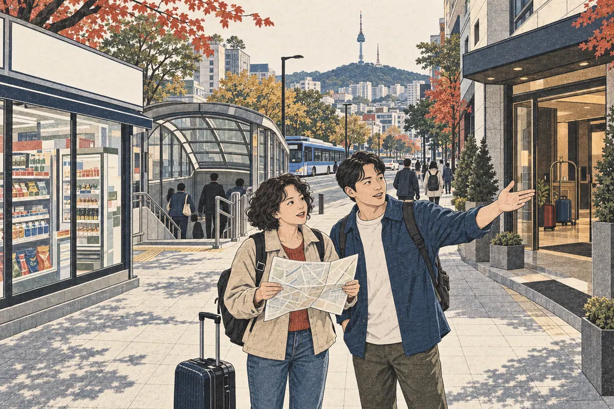 Travellers exploring a Seoul neighbourhood with shops, a subway entrance and a hotel.