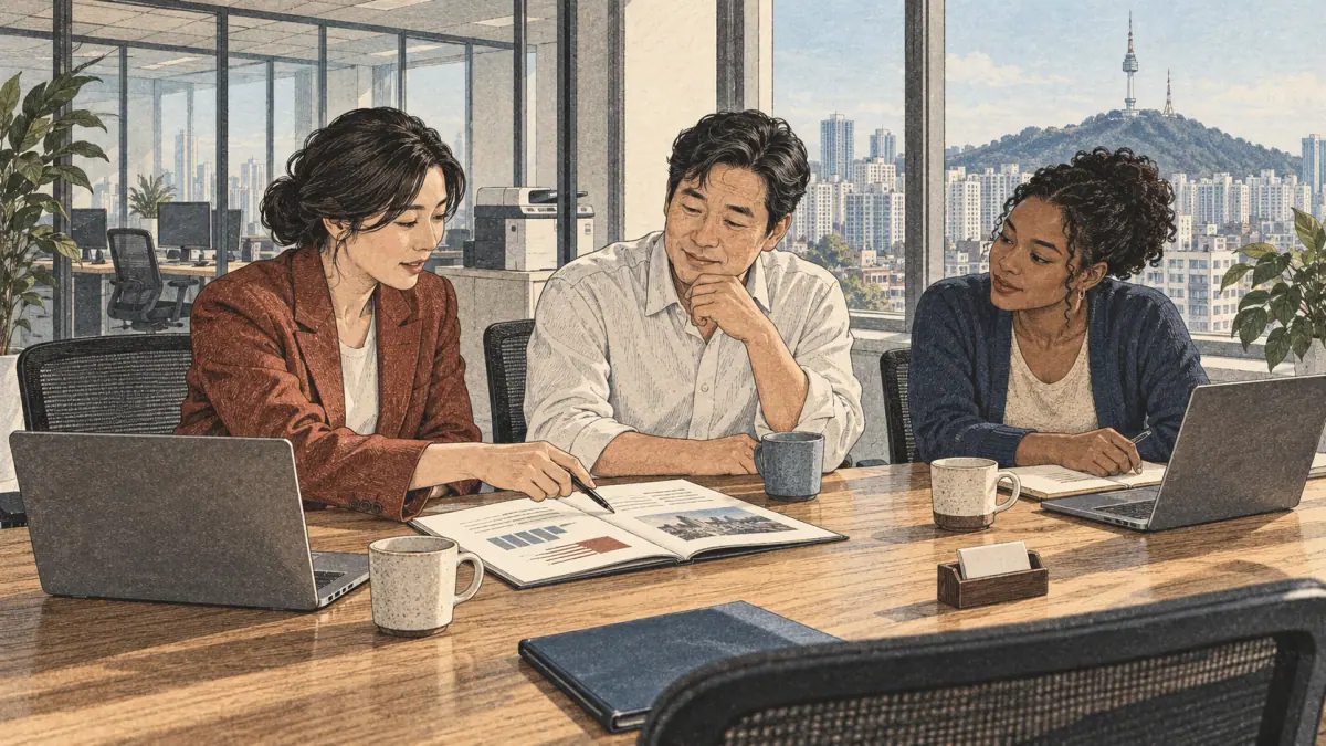 Colleagues review documents together in a contemporary Seoul office.