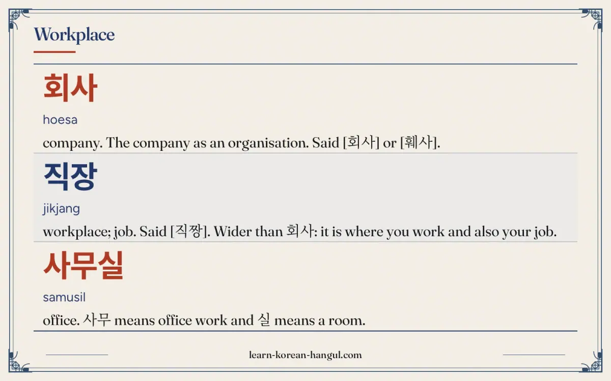 회사 · hoesa · company. The company as an organisation. Said [회사] or [훼사]. · Workplace