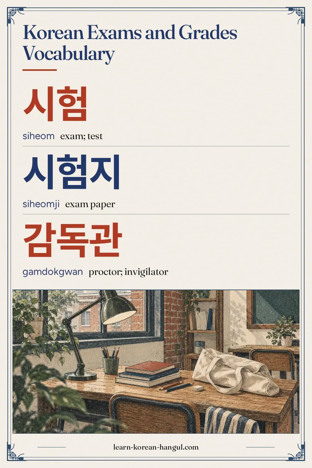 시험 · siheom · exam; test · Korean Exams and Grades Vocabulary
