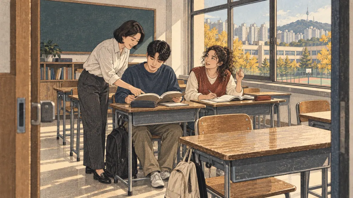 An adult teacher helps two university students study in a Seoul classroom.